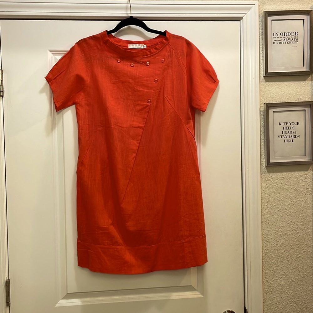 Classic Fashion Orange Linen Short Sleeve Dress